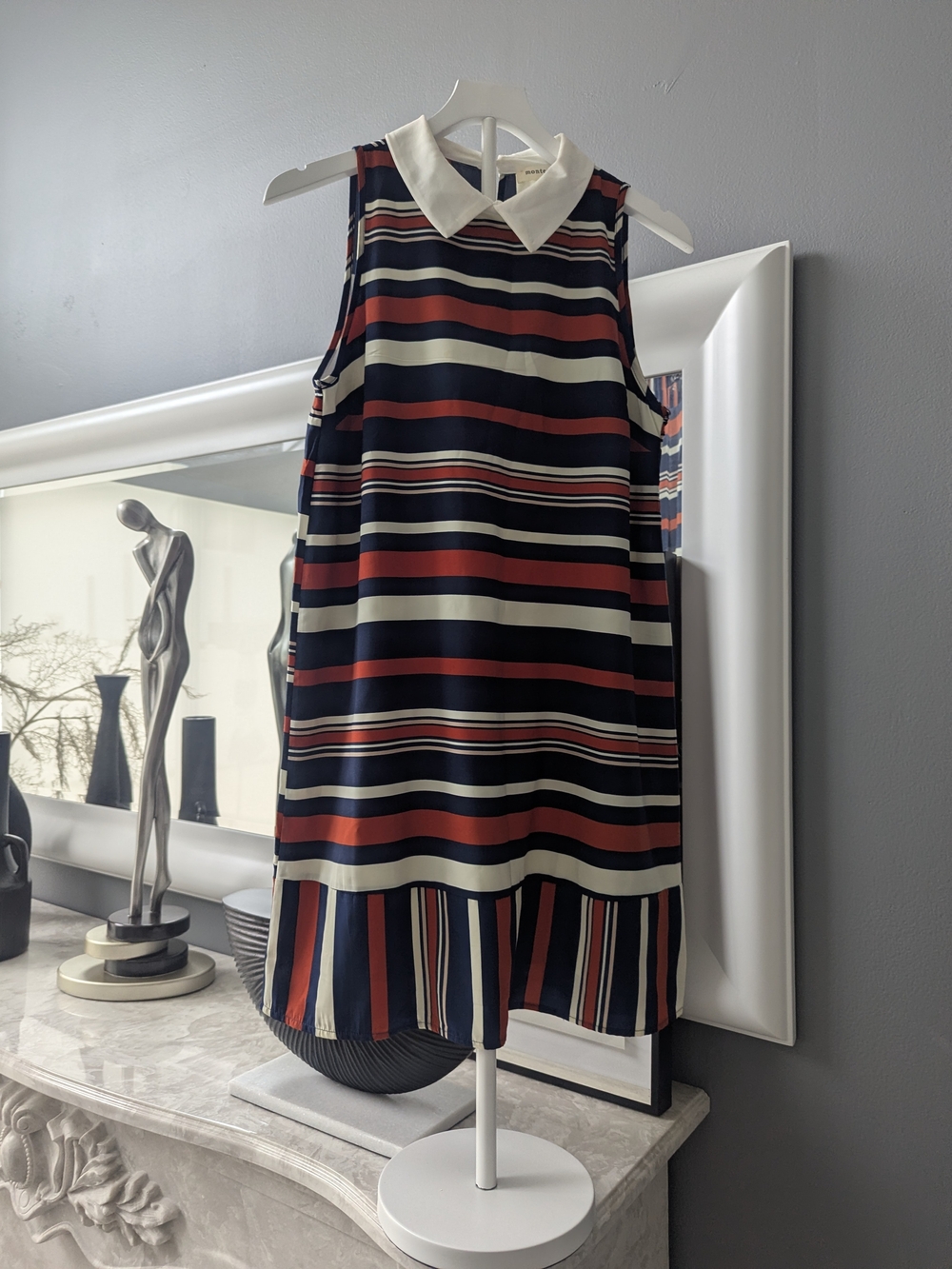 Striped Sleeveless Midi Dress with White Collar - Navy, Red & White